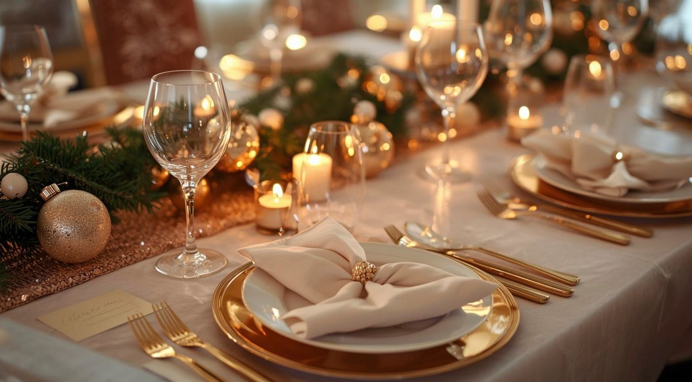 Mesa servida para un evento, con vajilla dorada, copas y velas